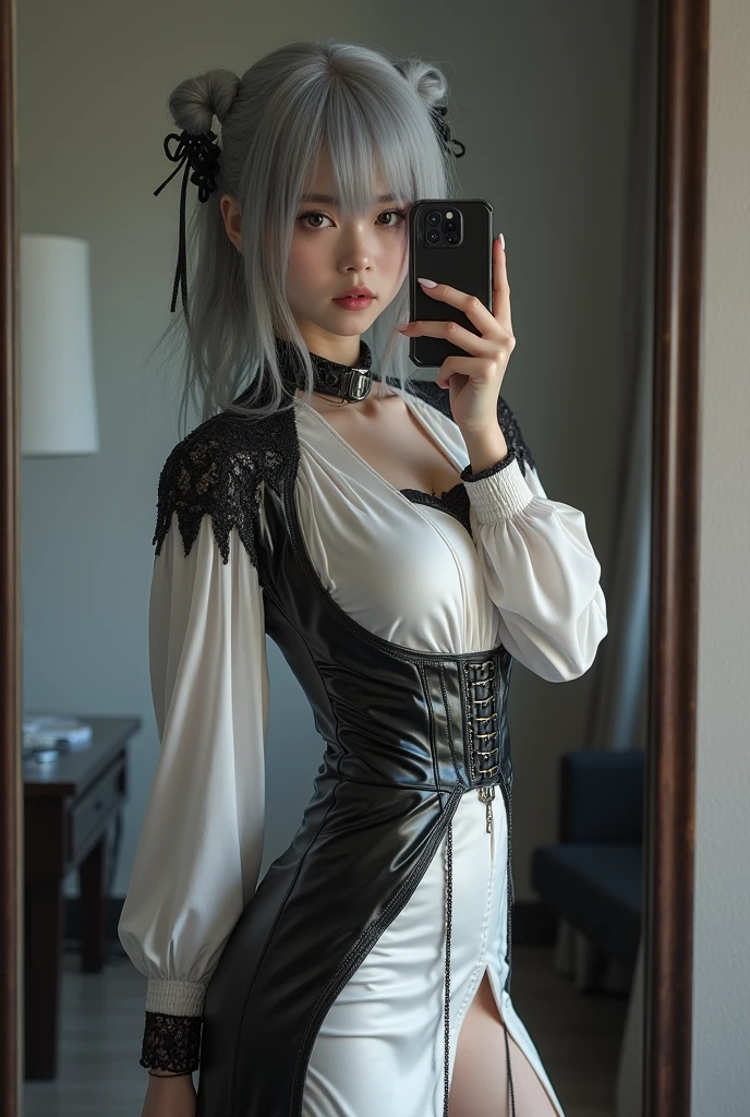 highly detailed, beautiful, hyper Realistic girl, masterpiece, best quality, Japanese sexy gravure woman, 1, identity hidden, takes a selfie in her room using a smartphone in front of a mirror with one hand, fashion model Posing, standing, looking away from the camera, /// gray arranged hair, light color eyes, Realistic skin, Detailed face, /// BREAK Cyber punk taste chinese dress, balloon Sleeves, white  and black theme, mandarin collar, intricate patchwork of latex and leather, triangular silhouette skirt, gray, /// Monotone simple modern taste single room, mirror, complicated background