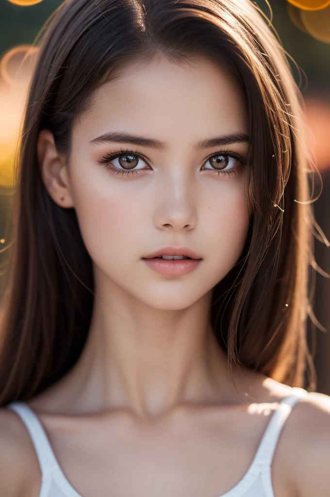 (best quality), (ultra-detailed), (llustration), (detailed light), (an extremely delicate and beautiful), ung girl, brown hair, brown eyes, model, bare shoulders, best quality, extremely detailed CG unified 8k wallpaper, High-definition raw color photos, professional photograpy, (((Bokeh))), depth of fields, twilight, sunset,
