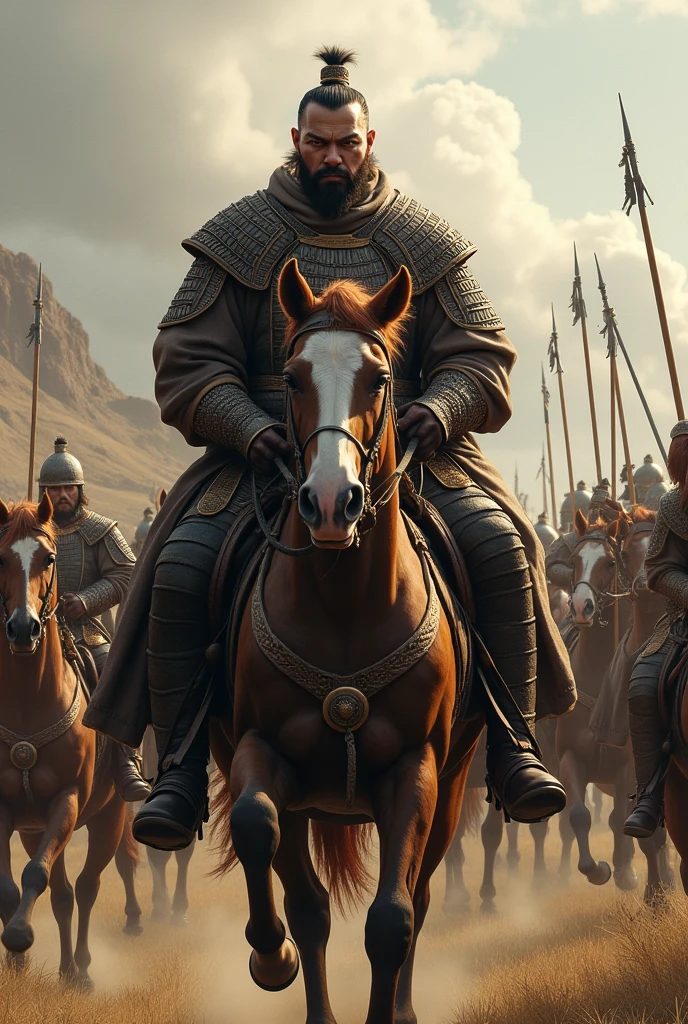 Genghis Khan on horseback with troops shouting 
