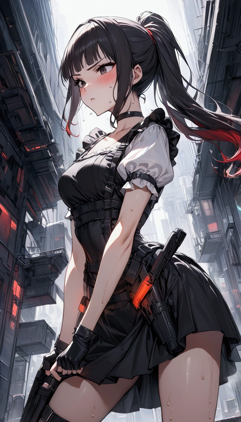 from side,cowboy shot,1girl solo,Female fighter ,maid outfit, collarbone, {{white puff sleeves:1.4}}, {{White short-sleeved puff-sleeved blouse:1.6}},,{{White frilled apron:1.6}},black shoulder straps, black corset, black flared skirt, blunt bangs, black choker. Dynamic composition,dutch angle,fighting stance,{{fight}},{{masterpiece}}, {{{Highest quality}}},{{Very detailed}},holster ,Fight,,{{v-shaped eyebrows}},Bad mood,blush,Sweat,raise one's eyebrows ,Black hair Long hair,Blunt bangs ,Red hair band,cyberpunk ,Black fingerless gloves ,ponytail,Training area,Indoor