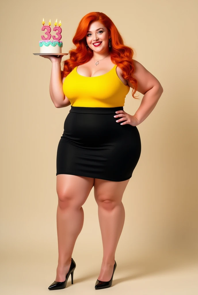 Long redhead plump girl with yellow tank top, black skirt and heels with birthday cake candles number 33