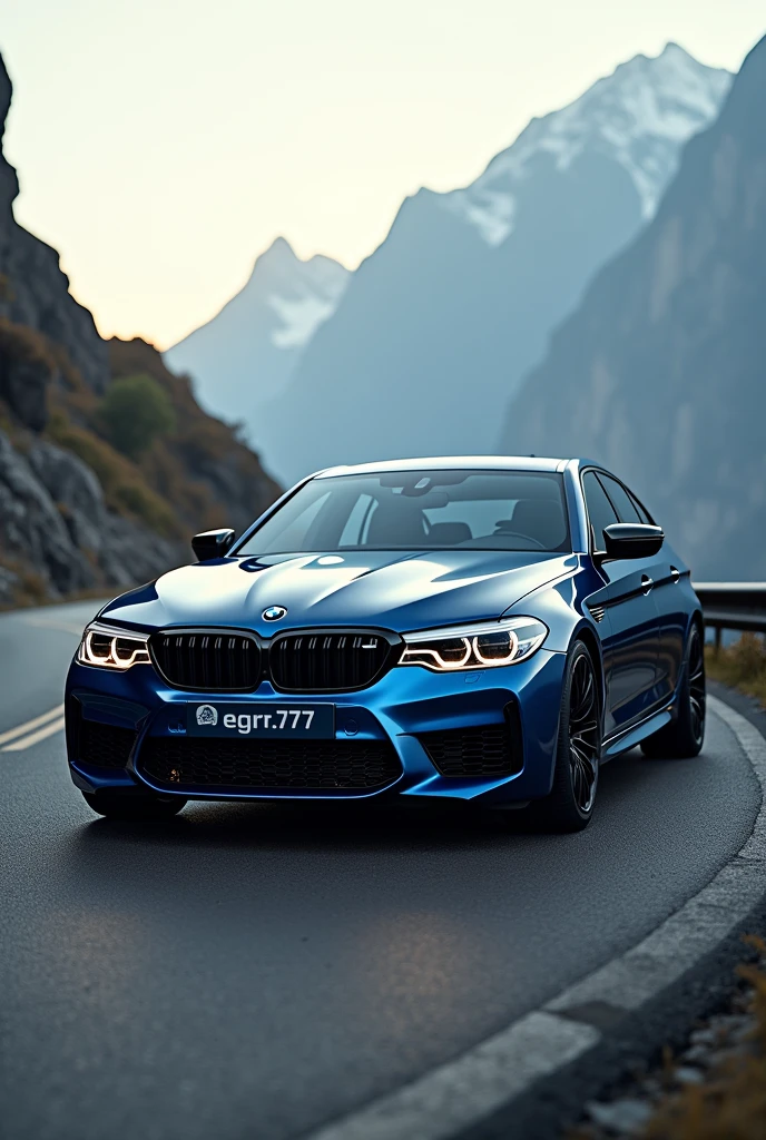 I want a photo of a bmw m5 f90 with a nice background and on top of it write egyr.777 and be tor realistic