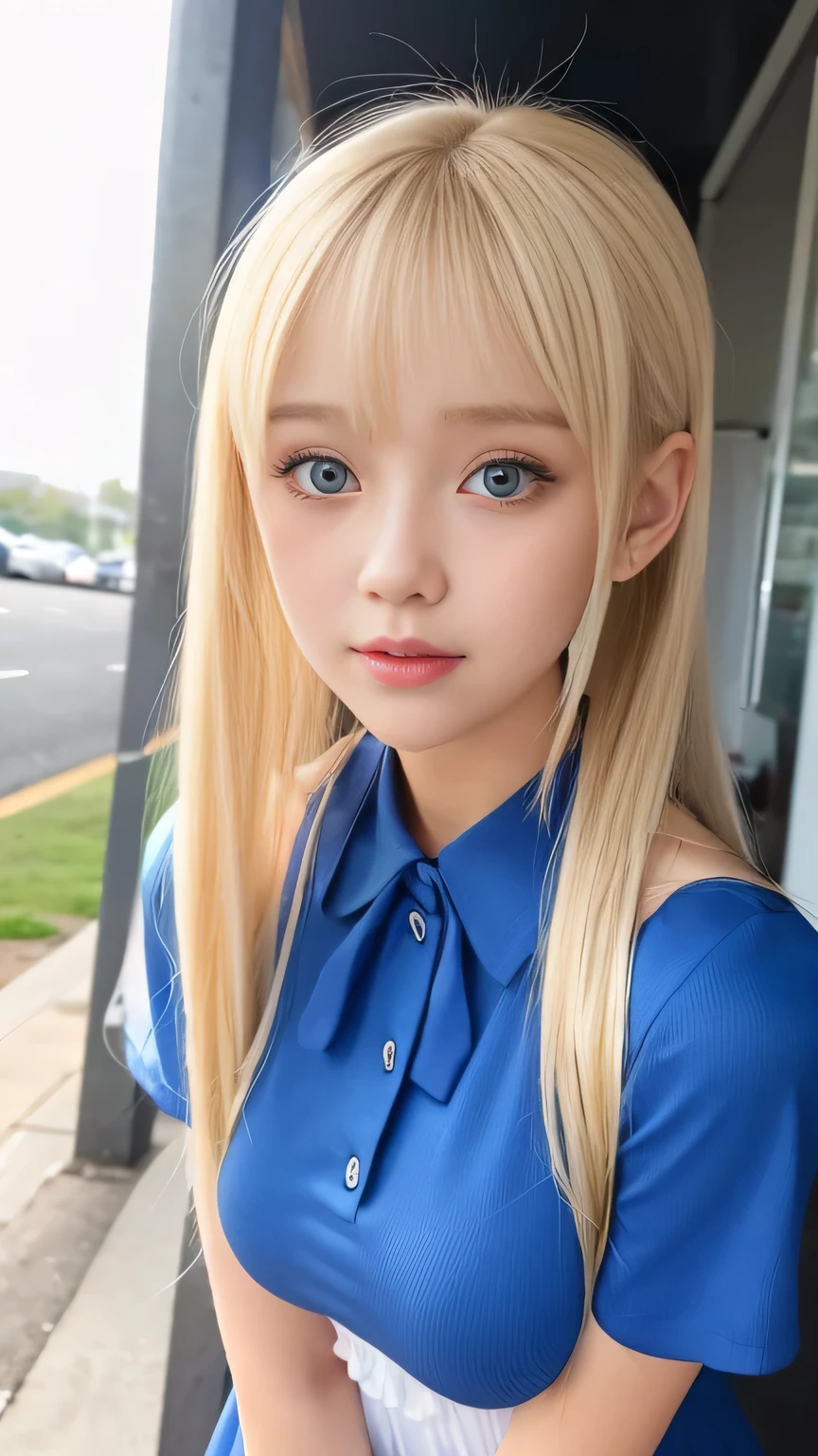 Portrait、School uniforms、Bright expression、ponytail、Younger, brighter, whiter skin、Gloss Face、Cheek gloss、Best Looks、Blonde reflection、Platinum blonde hair with dazzling golden highlights、shiny bright blonde hair,、Super long, silky straight hair、Shiny beautiful bangs、Very beautiful bright pale blue eyes、Big eyes、Perfect beauty、Ample breasts、Mini dress、Sexy big boobs，15 year old beautiful girl looks sexy and cute＆Cute beautiful sexy face、美しい and sexy face、A strong wind blows my hair in front of my face、Cute and sexy eyes hidden behind long bangs、Eyes welling up with tears、Mini dress、
