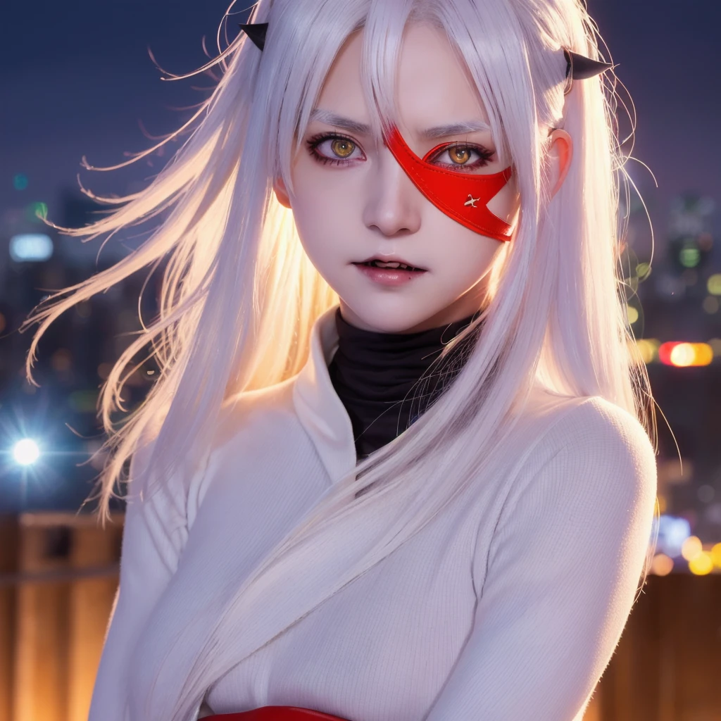 1girl, (solo), anime girl with long white hair and red eyes, girl with white hair, girl in white turtleneck, ((eyepatch)), pointed ears, ((vampire)), smirk, smug, closed mouth, cowboy shot, perfect white haired girl, white haired deity, digital cyberpunk anime art, turtleneck, lens flare, ((dramatic lighting)), soft glowing red eyes, extremely detailed, masterpiece, looking at viewer, city in background, (night)