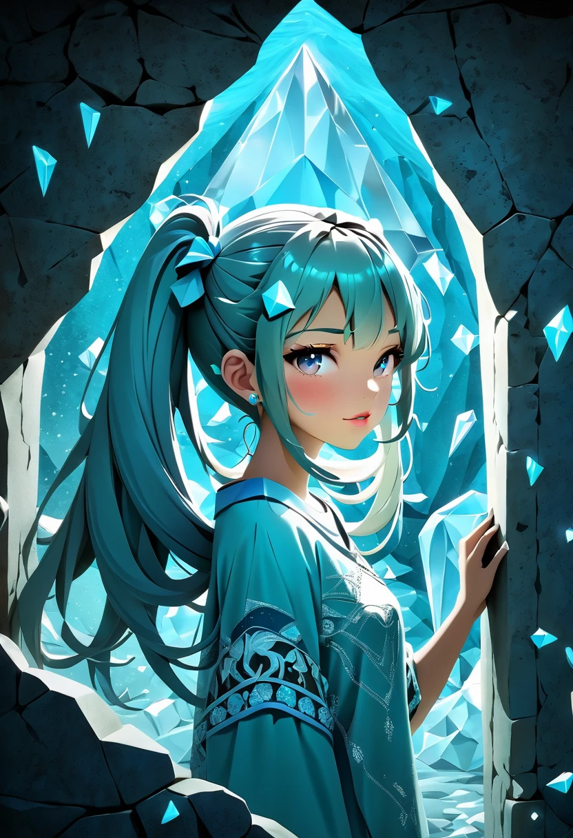 Figure of a beautiful girl carved into the wall of a cyan diamond in a dark cave、Light blue long hair、Beautiful girl with twin tails、Face Highlights