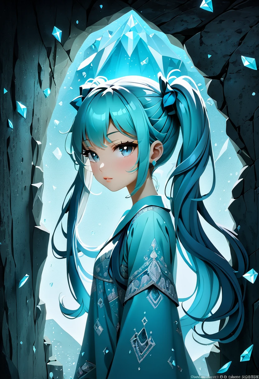 Figure of a beautiful girl carved into the wall of a cyan diamond in a dark cave、Light blue long hair、Beautiful girl with twin tails、Face Highlights