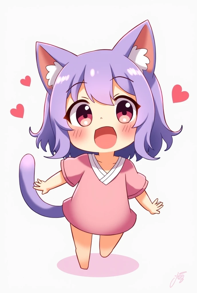 Create a 2d image of a cute smiling anime neko girl with pastel purple hair all excited 