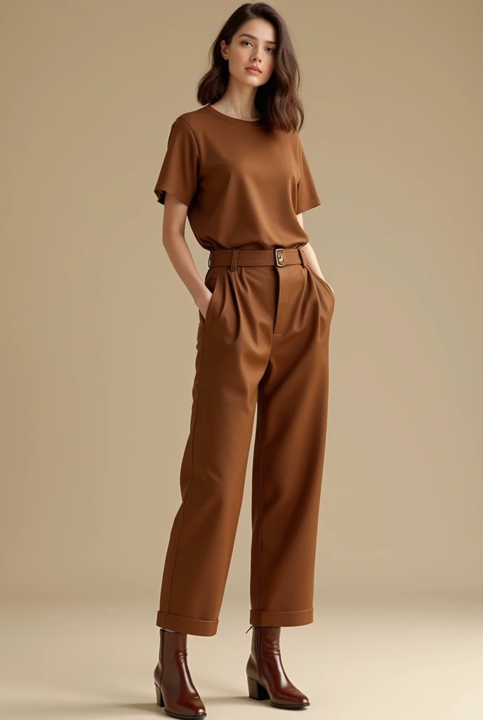 A girl wearing classy outfit, brown colour tshirt, brown straight loose pant,brown boots 