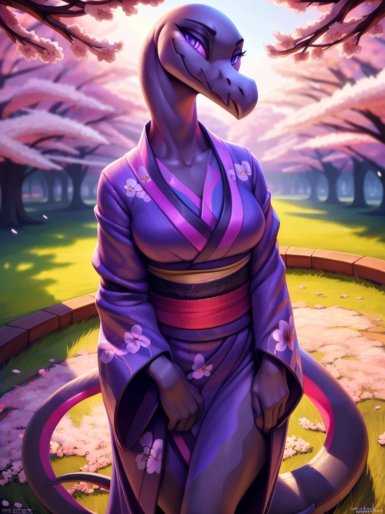 uploaded on e621, ((Salazzle)) by Pixelsketcher, by Bayard Wu, by Thomas Benjamin Kennington , by Einshelm, anthro, ((portrait)), BREAK, ((kimono:1.2)), wearing a kimono, long flowing kimono, flowers design on kimono, full body kimono)), (detailed Bonifasko lighting), (detailed scales), (detailed skin), (female Salazzle), BREAK, ((long flowing tail)), ((facing viewer)), (cinematic lighting), ((detailed background)), ((full body portrait view)), (((full body view))), (half body shadow), [backlighting], [crepuscular ray], [detailed ambient light], [gray natural lighting], [ambient light on the belly], (higher wildlife feral detail), [sharp focus], (shaded), ((masterpiece), medium breasts, furry Salazzle, reptilian face, furry Fantasy Art, furry Art, Commission for High Res, anthro Art, POV furry Art,Sakimichan beautiful, masterpiece, best quality, detailed image, bright colors, detailed face, perfect lighting, perfect shadows, perfect eyes, girl focus, purple eyes, flawless face, face focus, long flowing, reptilian girl, scales, scales woman, dragon nose, large long muzzle, colorful scales, gaze at the viewer, half-closed eyes, 1girl, full body, (masterpiece:1.21), (best quality:1.2), (illustration:1.2), (cinematic lighting:1.3), detailed scales, balanced coloring, global illumination, ray tracing, good lighting, scales, anthro, showing breasts, cleavage, looking at viewer, seductive look, (standing outside, in garden, cherry blossoms, woman looking at viewer, woman looking at camera