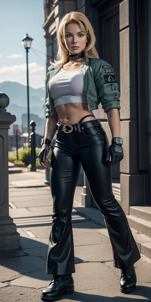 8k, masterpiece, best quality, ultra-detailed, sonyablade, 1girl, solo, long hair, blonde hair, cute blue eyes, breasts, choker, crop top, cropped green jacket, black fingerless gloves, full body, highleg panties, jacket, combat boots, lipstick, makeup, (abs:0.3), midriff, navel, black pants(Wide flares on pants:1.2),
