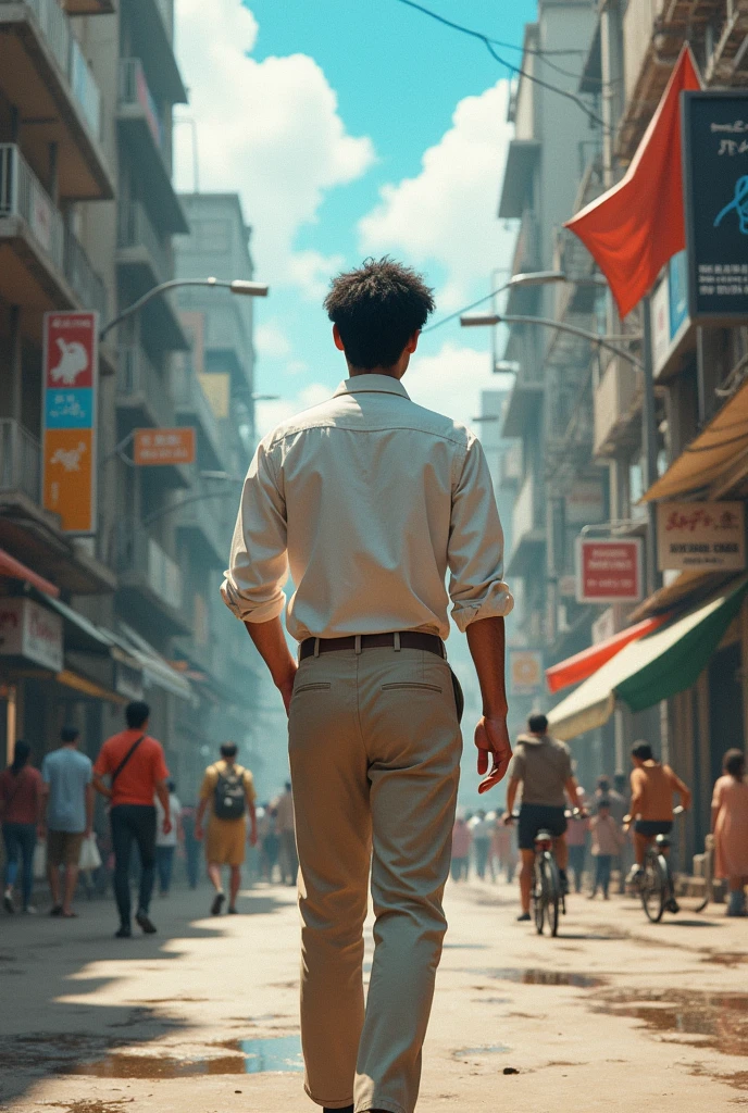 the same black-haired man walking BACK VIEW through a confused daytime town dressed in a white linen shirt and beige pants