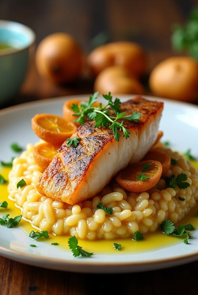 Create a dish with Milanese rice and fish and tostón 