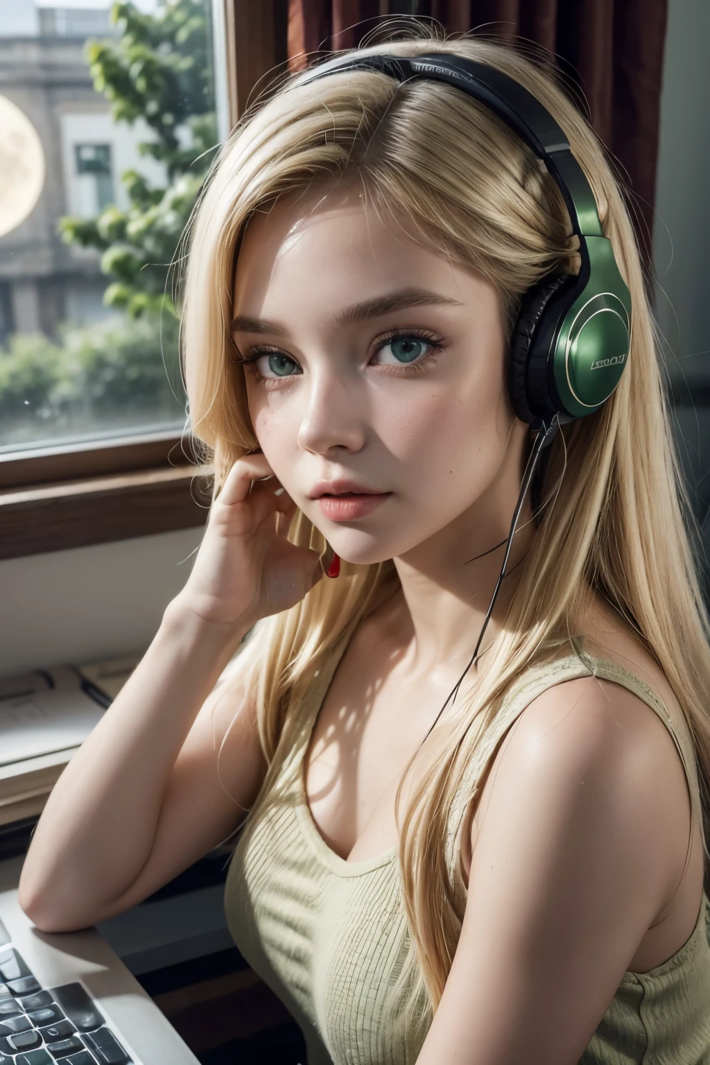 Iara is a very beautiful blonde with green eyes., She wears a red top and really likes flowers. She stays at home listening to music in front of her computer with her headphones while looking out her window and seeing a full moon in the city.