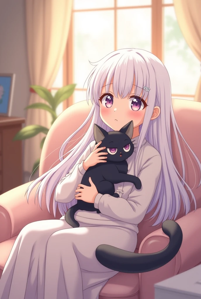 anime girl sitting in a comfortable room, with a black cat in his hands, With whites, long hair, with bangs and chubby cheeks, with light purple eyes, Without pupils