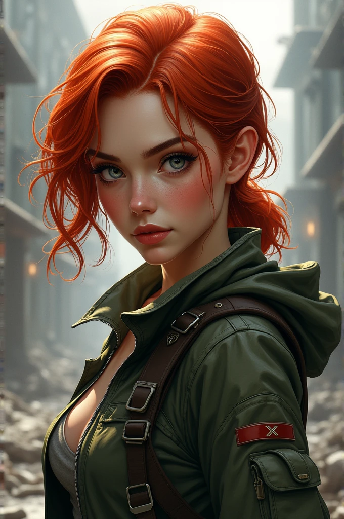 Female book character with red hair and gray eyes, she is a rebel