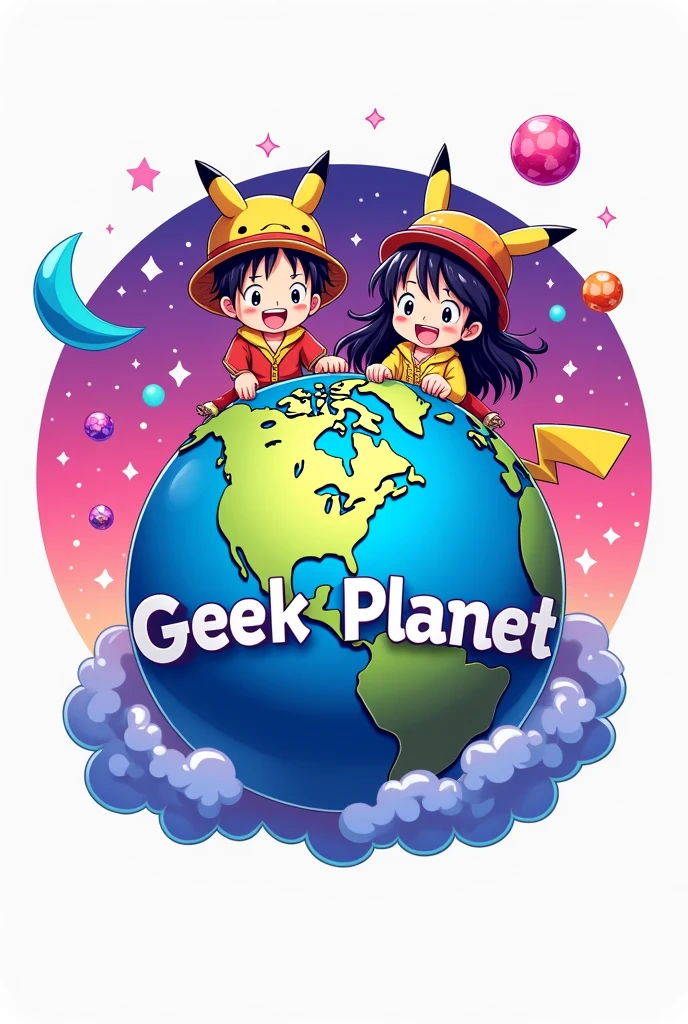 logo con un ๐ en el fondo, with stars, heart and a crescent moon (Pink and purple colors), en la parte de adelante del ๐ una pareja anime de un chico de cabello ondulado y la chica de cabello largo negro con playeras y orejas de Pikachu o sombrero de paja (Luffy de one piece) and the name Geek Planet in the middle of the logo (with vivid colors throughout the image) WITH WHITE BACKGROUND