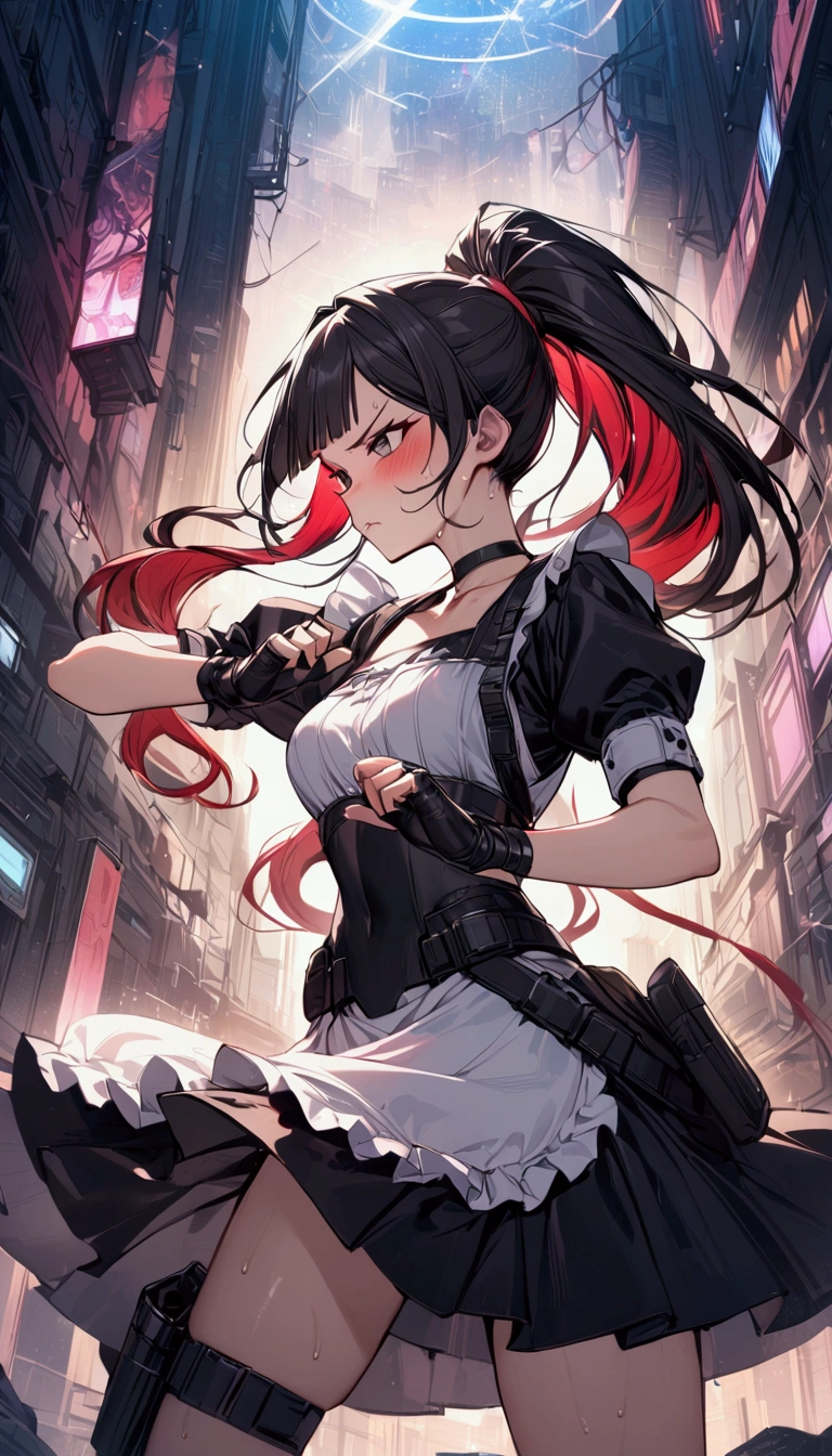 from side,cowboy shot,1girl solo,Female fighter ,maid outfit, ,{{White frilled apron:1.6}},collarbone, {{white puff sleeves:1.4}}, {{White short-sleeved puff-sleeved blouse:1.6}},,black shoulder straps, black corset, black flared skirt, blunt bangs, black choker. Dynamic composition,dutch angle,fighting stance,{{fight}},{{masterpiece}}, {{{Highest quality}}},{{Very detailed}},holster ,Fight,,{{v-shaped eyebrows}},Bad mood,blush,Sweat,raise one's eyebrows ,Black hair Long hair,Blunt bangs ,Red hair band,cyberpunk ,Black fingerless gloves ,ponytail,Training area,Indoor