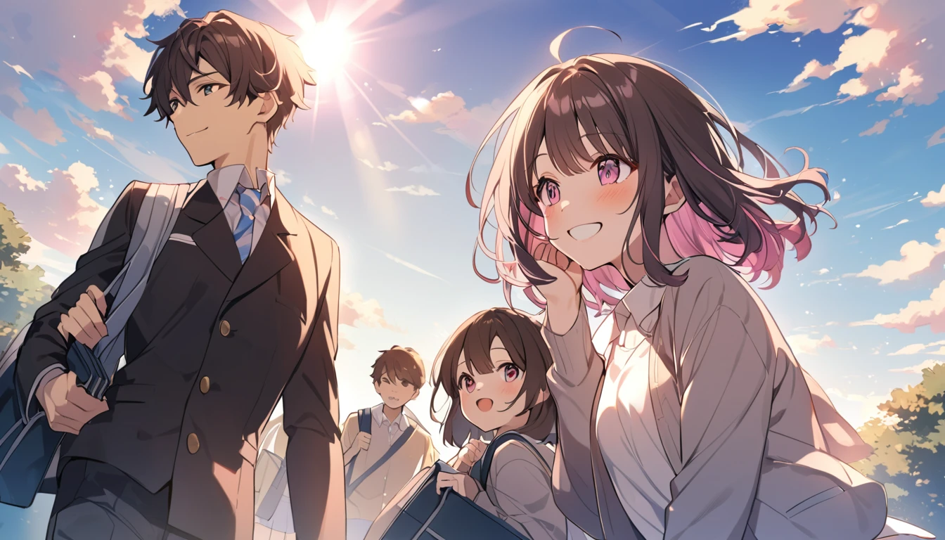 good looking,high school student,1 male,1 female,Medium Hair, Dark brown hair, Pink highlights on the tip, Pale pink eyes,Smile Facial,Blue Sky Morning,Light of the sun,seihuku,Going to school