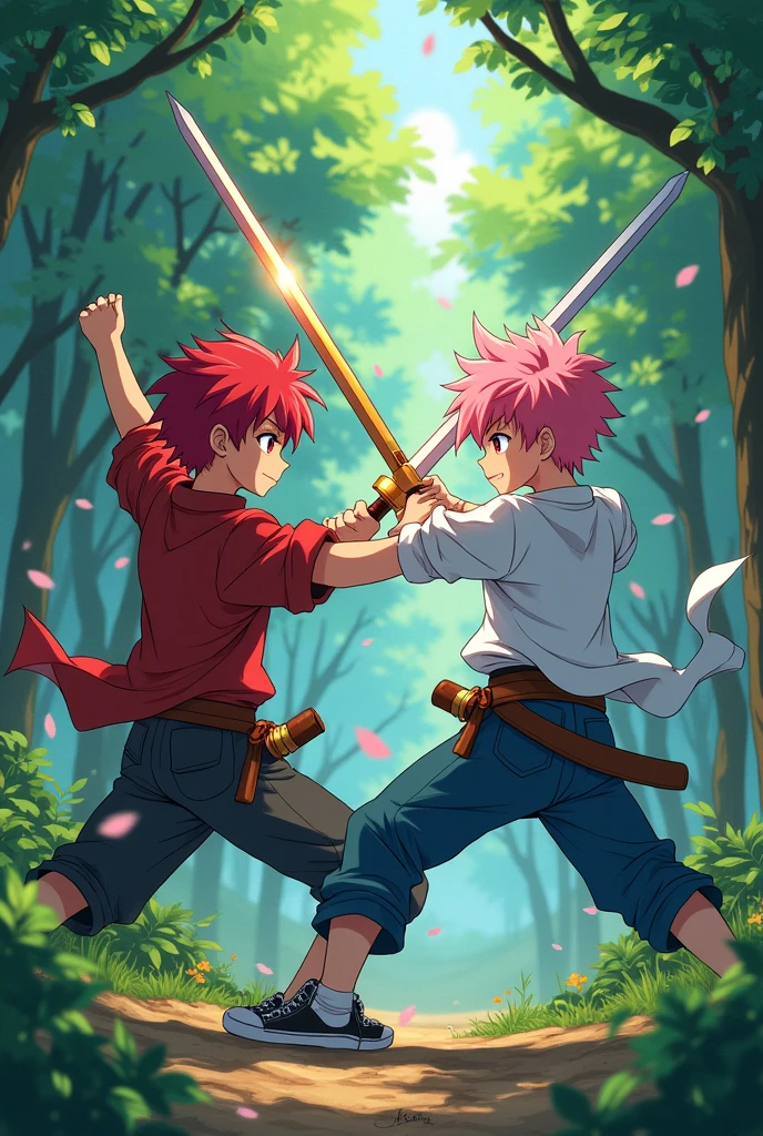 2 anime red and pink age boys are fighting and using swords in a forest