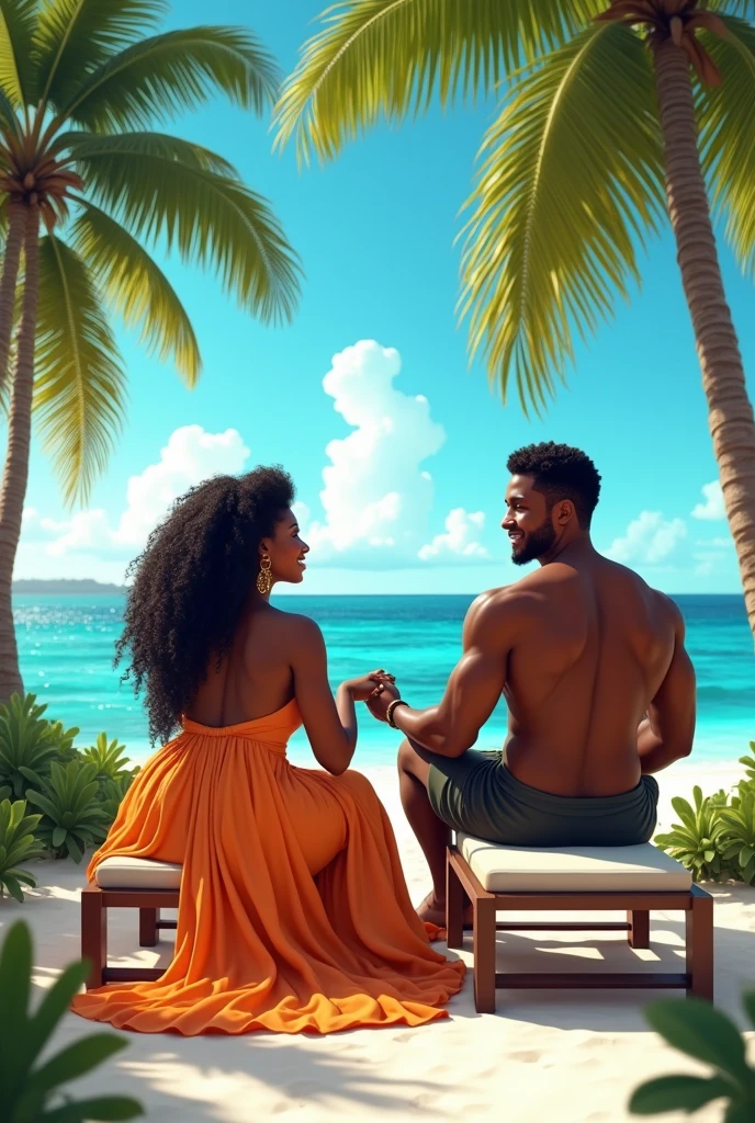 Generate images of a black beautiful woman with curvy body on a beach with a tall and handsome black man living down on beach chairs