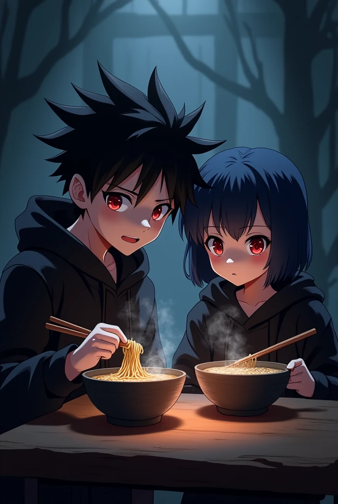 A boy ((( Anime boy , Spiky hair , black hair , black hoodie , blood red eyes , narrowed eye
 ))) , A girl ((( Anime girl , dark blue hair , modern day mullet hair style , short hair , black hoodie , red eyes , almond eye
 ))) , dark background , siblings , eating ramen , 2 bowls