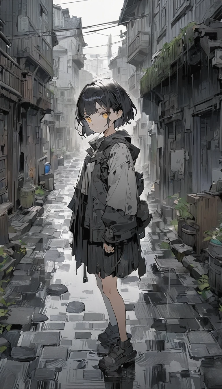 (anime style: 1.4), soft painterly touches, High resolution, Attention to details, high quality, 4k, 8K, stone road, after the rain, anime girl, yellow eyes, short hair, dark blue hair, clothing adventurer, gray scale color effect, full body, ruined Celtic city background