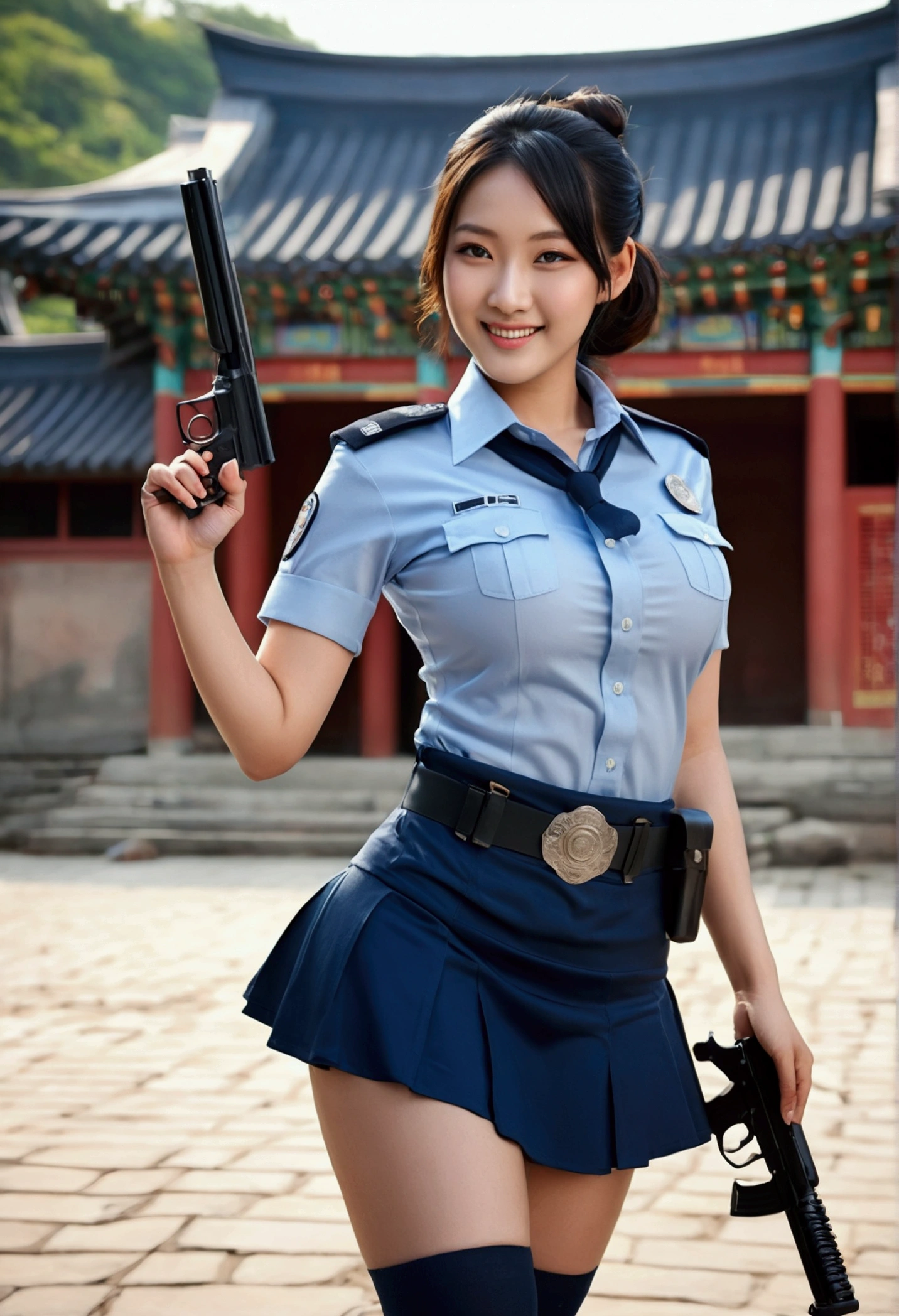 Female model,Age 30 years,Korean tribe,tipe tubuh tebal berbig breasts,fair skin,big breasts,big ass thick thighs,facing a seductive smile,Black hair color,bun hair type,blue eye color,mini skirt police uniform,holding a gun,whole body distance,dynamic angle,model pose action,ancient city place,cinematic lights,realism style