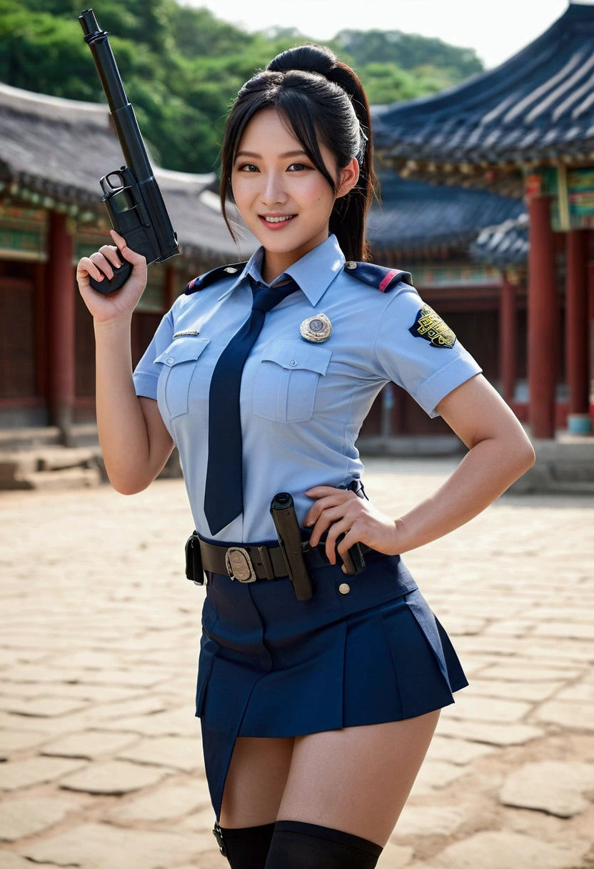 Female model,Age 30 years,Korean tribe,tipe tubuh tebal berbig breasts,fair skin,big breasts,big ass thick thighs,facing a seductive smile,Black hair color,bun hair type,blue eye color,mini skirt police uniform,holding a gun,whole body distance,dynamic angle,model pose action,ancient city place,cinematic lights,realism style