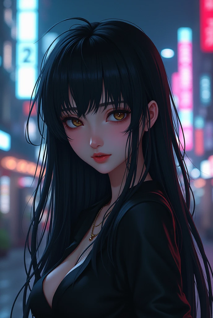 sexy girl anime long black hair dark Tokyo city background, 3D, square photo