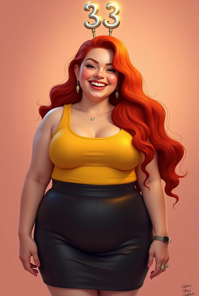 Long red-haired chubby girl with yellow tank top, black skirt and heels with birthday cake candles number 33
