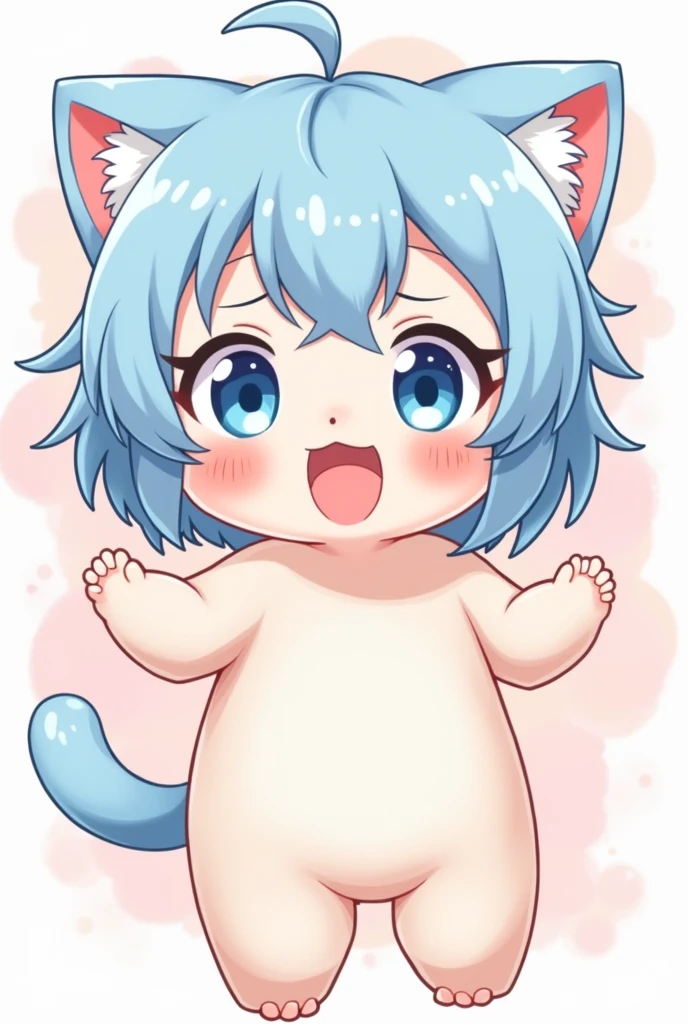 Create a 2d image of a cute smiling anime neko girl with pastel blue hair all excited