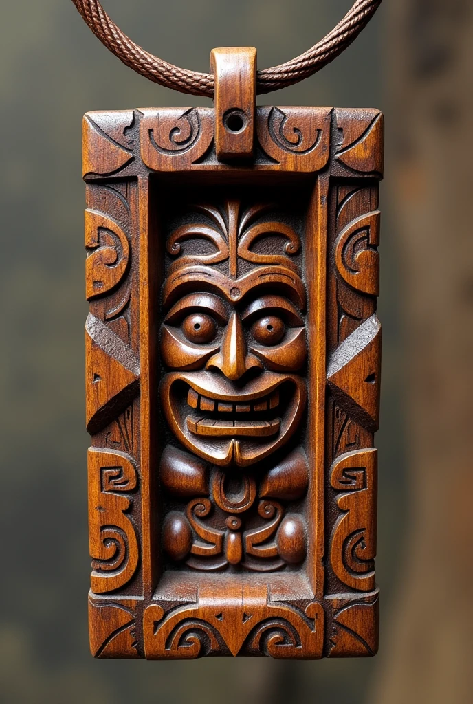 Pendant for wooden necklace representing a Kanak doorframe merged with a tiki 