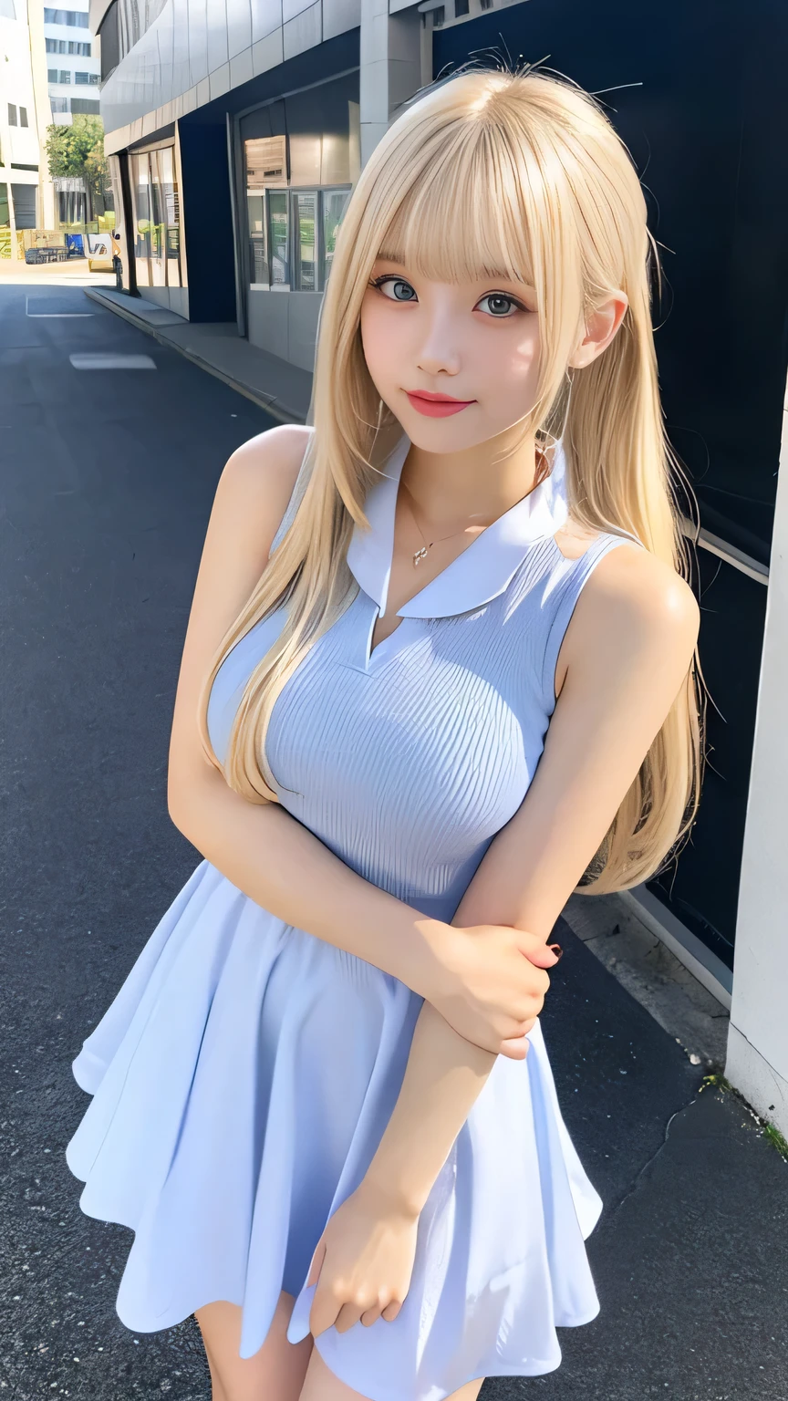 In detail,Full body photo、 One high school girl、Small cleavage、High resolution, high quality、Slim body、Blonde、Perfect dynamic composition, Beautiful fine details, Blonde、Twin tails、Natural color lip,Kamimei、17-year-old girl、Clear Skin、Short-sleeved red sailor suit、Red mini skirt、Thighs、Shiny Hair、最high quality, figure, Very detailed, In detail, High resolution, 8k、The correct state of the human body、Sculpture model pose,Dark blue walls,Sitting in a chair、Thighs are visible、smile、