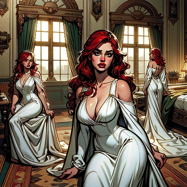 (suspense dinner ((Conceptual art)), Extremely detailed with a girl dressed in elegant white dress and boots.), (better lighting, best shadow, extremamente delicado e scaredr), (digital illustration), ((paint 4k)), [(dynamic angle,((1 girl)),redhead, long wavy hair, beautiful eyes, full lips, busty, big breasts, perky tits, perfect ass, narrow waist, slender body, (pretty face, perfect face, scared,) scared expression, torn clothes, a gun in your hand, sitting on the floor, darkness, casa scaredra),  [:(dark, mysterious, game painting, sinister scenario, uneven corridors, Mansion, deadly silence):]