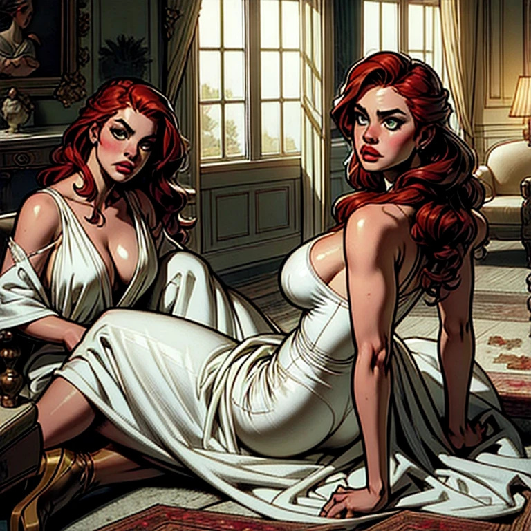(suspense dinner ((Conceptual art)), Extremely detailed with a girl dressed in elegant white dress and boots.), (better lighting, best shadow, extremamente delicado e scaredr), (digital illustration), ((paint 4k)), [(dynamic angle,((1 girl)),redhead, long wavy hair, beautiful eyes, full lips, busty, big breasts, perky tits, perfect ass, narrow waist, slender body, (pretty face, perfect face, scared,) scared expression, torn clothes, a gun in your hand, sitting on the floor, darkness, casa scaredra),  [:(dark, mysterious, game painting, sinister scenario, uneven corridors, Mansion, deadly silence):]