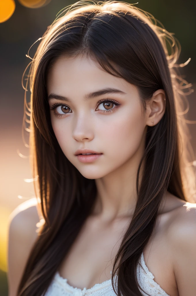 (best quality), (ultra-detailed), (llustration), (detailed light), (an extremely delicate and beautiful), 1young girl, brown hair, brown eyes, model, bare shoulders, best quality, extremely detailed CG unified 8k wallpaper, High-definition raw color photos, professional photograpy, (((Bokeh))), depth of fields, twilight, sunset,