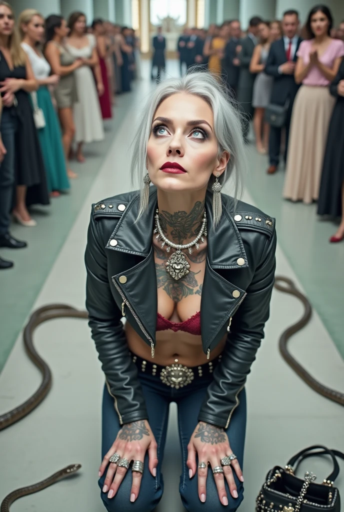 russian old milf woman, grey hair (almost shaved) with very light blue eyes, extremely pale. Wearing cropped black moto jacket (with side zippers and badges), undersized burgundy and white lace push up bra with white seams , dark skinny stone washed blue jeans (with white seams) and pointy silver Chelsea boots with cuban heels . Lots of metallic bracelets and collars. Tacky wide studded leather belt (with oversized skull and bones huge buckle). Long bohemian earrings. Kneeling like in a payer, looking at the camera, humble facial expression. Hands on her knees, showing off bracelets and rings. studded black leather tote bag with chains on the floor, next to her.. Listening in amazement to somebody speaking to her with tilted head, well toned abdominals, thin neck, slim legs and thin arms. Tattoed heavily. In a church: a lot of elegant people around, a lot of snakes on the floor.
