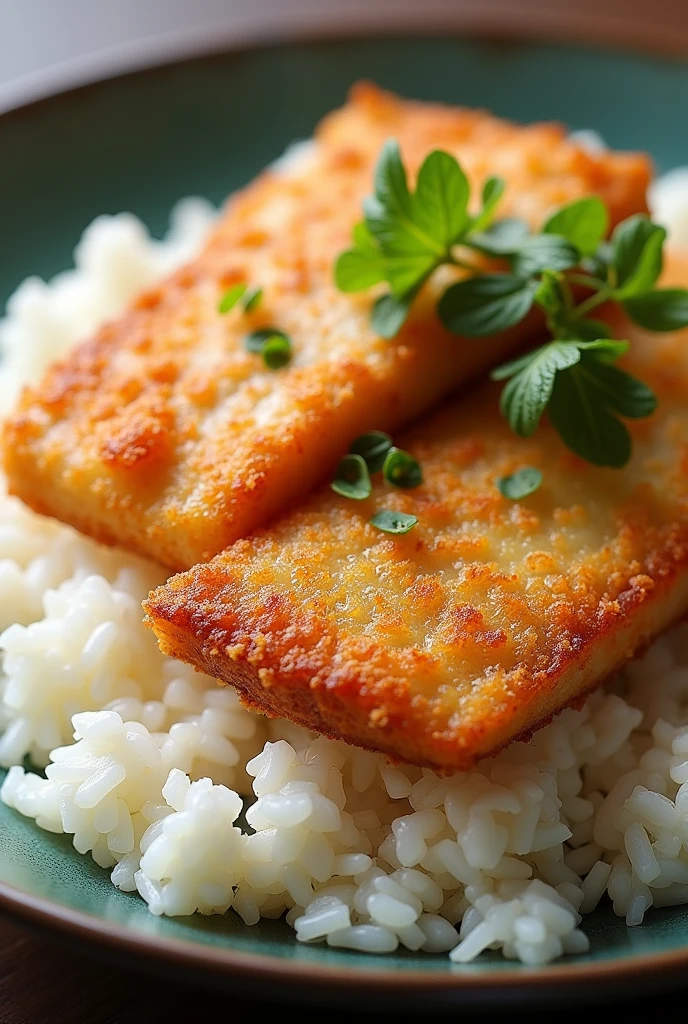 Create a dish with rice, fish Milanese and fried fish without sauce 