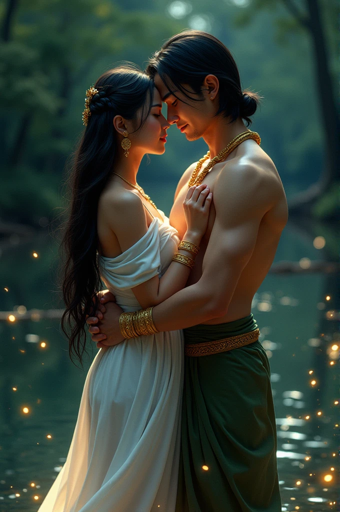 Full lenght On a dark moonless night by the river bank, in the wind of the fireflies, small and small, flying around the edge of the forest, there is a beautiful, gentle, 25-year-old woman with long, flowing black hair. On both wrists, she wears a small white and gold snake bracelet, beautiful gold hair accessories, in a pure white Thai dress, and there is a handsome young man, about 30 years old, with long black hair growing on his head, wearing a green and gold sarong, wearing a gold necklace, draping a cloth over the woman and hugging her from behind, a happy face, high octane, dynamic profile, oil painting, 3D painting, art painting by Professor Chalermchai