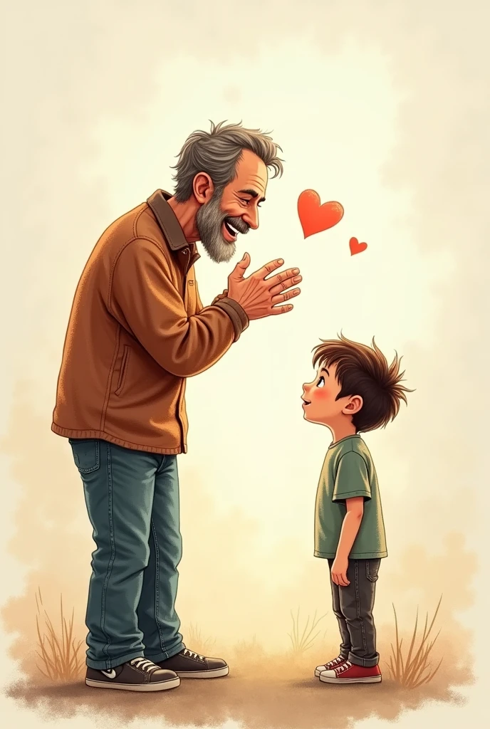 Create a drawing of a father telling his son that he loves him in sign language Son with hearing aid in ear