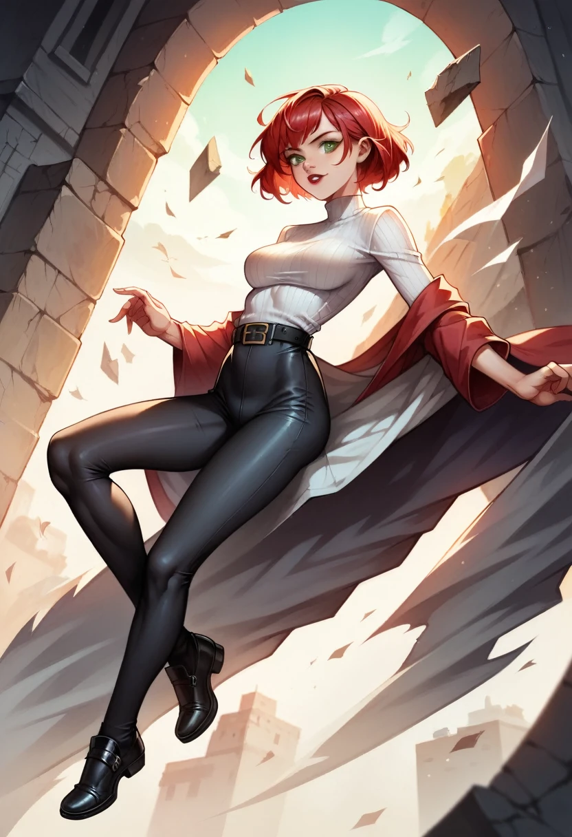 (high-level image quality), (high quality), (high resolution), (detailed), (masterpiece), beautiful woman, ((caucasian)), green eyes, red hair, short hair, dark red lipstick, slender body, perfect eyes, Detailed face, sexy black turtleneck,black skinny leggings, High Black Shoes, black belt on the waist