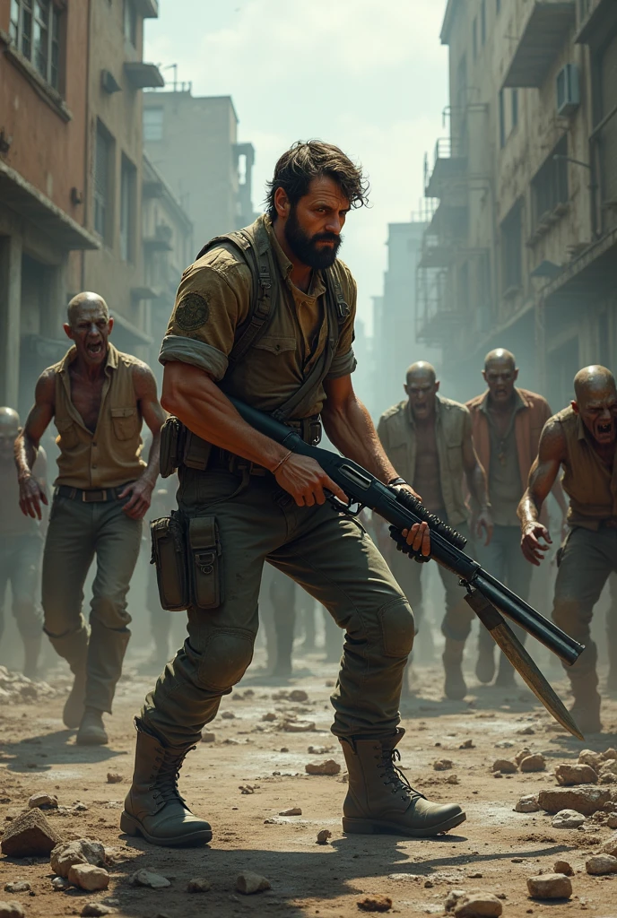 Create me an image about a man fighting zombies with a pump-action shotgun and machete in a post-apocalyptic world on a top view