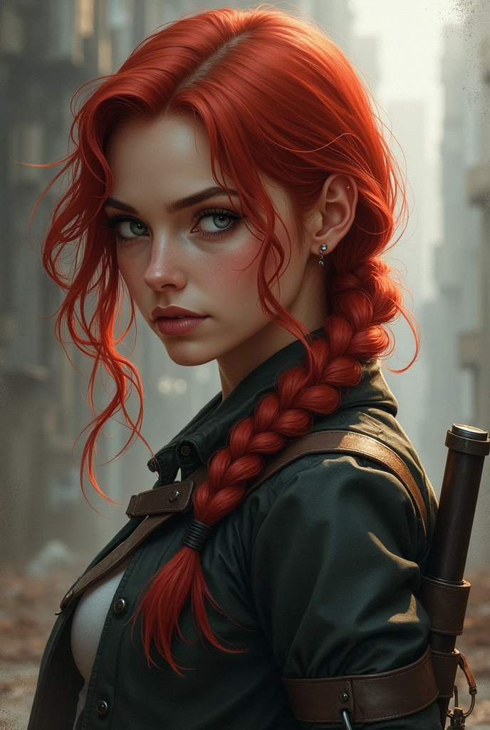 Female book character with red hair with a single braid on one side and gray eyes, she is a rebel 