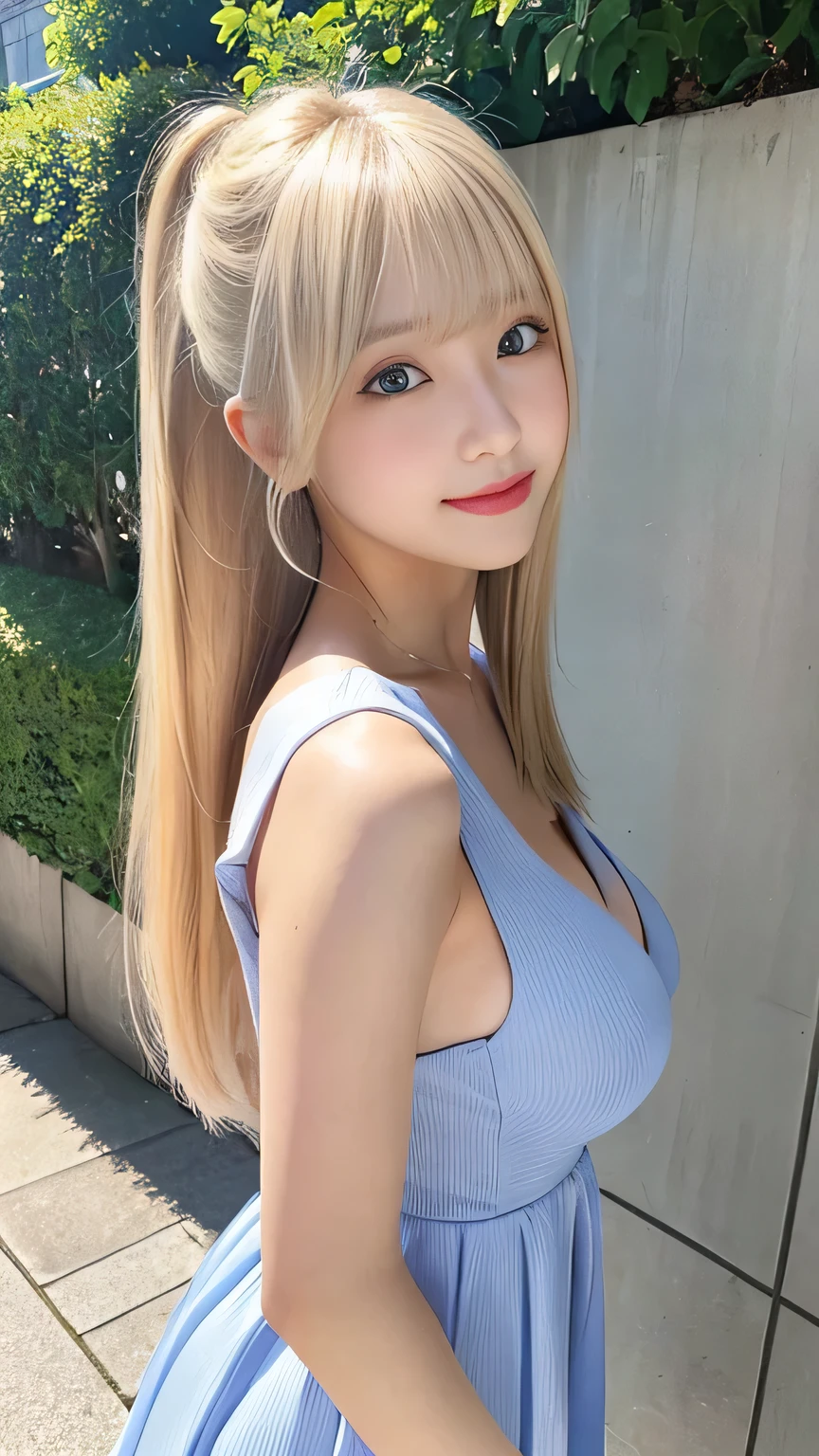 Portrait、School uniforms、Bright expression、ponytail、Younger, brighter, whiter skin、Gloss Face、Cheek gloss、Best Looks、Blonde reflection、Platinum blonde hair with dazzling golden highlights、shiny bright blonde hair,、Super long, silky straight hair、Shiny beautiful bangs、Very beautiful bright pale blue eyes、Big eyes、Perfect beauty、Ample breasts、Mini dress、Sexy big boobs， beautiful girl looks sexy and cute＆Cute beautiful sexy face、美しい and sexy face、A strong wind blows my hair in front of my face、Cute and sexy eyes hidden behind long bangs、Eyes welling up with tears、Mini dress、
