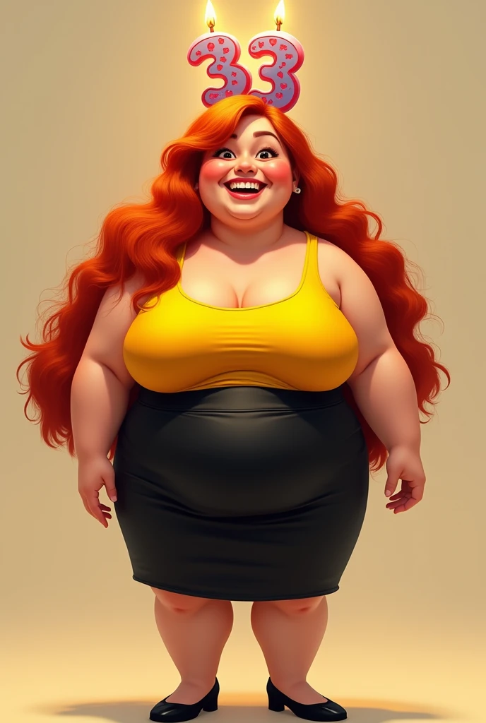 Long red-haired chubby girl with yellow tank top, black skirt and heels with birthday cake candles number 33