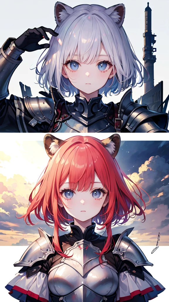 ((Highest quality)), ((masterpiece)), (detailed), Perfect Face, Top-down composition showing the upper body, Knight girl in metal armor, Raccoon Ears, Redhead