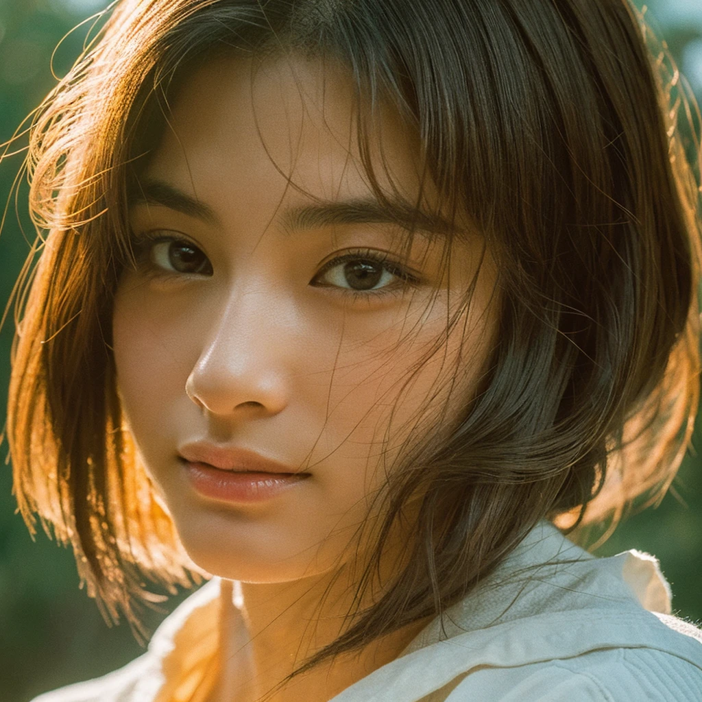 A hyper-realistic image of a single Japanese woman in her early 20s, captured with the nostalgic warmth and subtle graininess of a film camera. Her skin has a warm beige tone with a natural, slightly rough texture that includes visible pores, fine lines, and subtle imperfections such as small blemishes, adding to the authenticity of her appearance. The soft, diffused natural light enhances the film-like quality, casting gentle shadows that create a timeless, organic feel. Her straight, glossy black hair frames her face in a natural, slightly tousled manner, and her deep brown eyes reflect the ambient light, adding depth and emotion. The film camera effect introduces a slight grain and a softer focus, giving the image a warm, nostalgic atmosphere while maintaining the realistic texture of her skin. She is dressed simply, in a way that complements her natural beauty, with the overall composition designed to evoke a sense of genuine, understated elegance. The use of natural light, combined with the deliberately rougher texture of her skin and the film-like qualities, ensures that this image captures the imperfections that make her beauty truly lifelike, focusing solely on this one individual.
