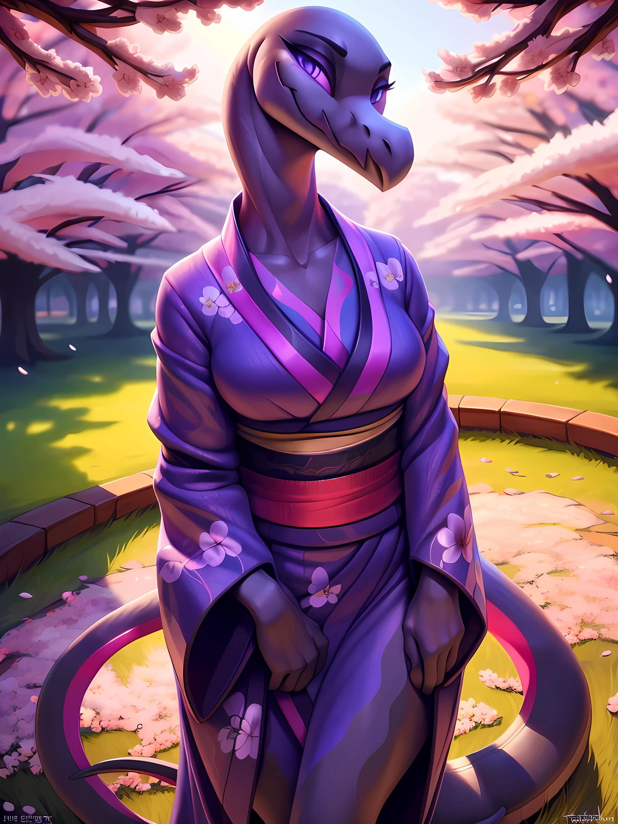 uploaded on e621, ((Salazzle)) by Pixelsketcher, by Bayard Wu, by Thomas Benjamin Kennington , by Einshelm, anthro, ((portrait)), BREAK, ((kimono:1.2)), wearing a kimono, long flowing kimono, flowers design on kimono, full body kimono)), (detailed Bonifasko lighting), (detailed scales), (detailed skin), (female Salazzle), BREAK, ((long flowing tail)), ((facing viewer)), (cinematic lighting), ((detailed background)), ((full body portrait view)), (((full body view))), (half body shadow), [backlighting], [crepuscular ray], [detailed ambient light], [gray natural lighting], [ambient light on the belly], (higher wildlife feral detail), [sharp focus], (shaded), ((masterpiece), medium breasts, furry Salazzle, reptilian face, furry Fantasy Art, furry Art, Commission for High Res, anthro Art, POV furry Art,Sakimichan beautiful, masterpiece, best quality, detailed image, bright colors, detailed face, perfect lighting, perfect shadows, perfect eyes, girl focus, purple eyes, flawless face, face focus, long flowing, reptilian girl, scales, scales woman, dragon nose, large long muzzle, colorful scales, gaze at the viewer, half-closed eyes, 1girl, full body, (masterpiece:1.21), (best quality:1.2), (illustration:1.2), (cinematic lighting:1.3), detailed scales, balanced coloring, global illumination, ray tracing, good lighting, scales, anthro, showing breasts, cleavage, looking at viewer, seductive look, (standing outside, in garden, cherry blossoms, woman looking at viewer, woman looking at camera