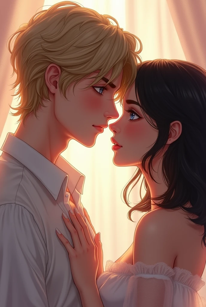 Imagine a cover in pastel tones, I want my protagonists to appear on the cover, A man with blond hair, disordered, tall blue eyes, I want this looking into the eyes of my female protagonist with shoulder-length black semi-wavy hair, Brown eyes, both with fine features, that in the photograph you can see sexual tension between them, something sensual