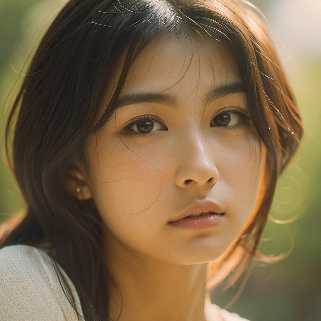 A hyper-realistic image of a single Japanese woman in her early 20s, captured with the nostalgic warmth and subtle graininess of a film camera. Her skin has a warm beige tone with a natural, slightly rough texture that includes visible pores, fine lines, and subtle imperfections such as small blemishes, adding to the authenticity of her appearance. The soft, diffused natural light enhances the film-like quality, casting gentle shadows that create a timeless, organic feel. Her straight, glossy black hair frames her face in a natural, slightly tousled manner, and her deep brown eyes reflect the ambient light, adding depth and emotion. The film camera effect introduces a slight grain and a softer focus, giving the image a warm, nostalgic atmosphere while maintaining the realistic texture of her skin. She is dressed simply, in a way that complements her natural beauty, with the overall composition designed to evoke a sense of genuine, understated elegance. The use of natural light, combined with the deliberately rougher texture of her skin and the film-like qualities, ensures that this image captures the imperfections that make her beauty truly lifelike, focusing solely on this one individual.